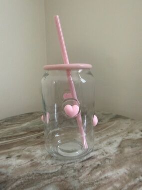 Viral Instagram 16oz pink wHeart Glass Straw Tumbler with Lid and Straw